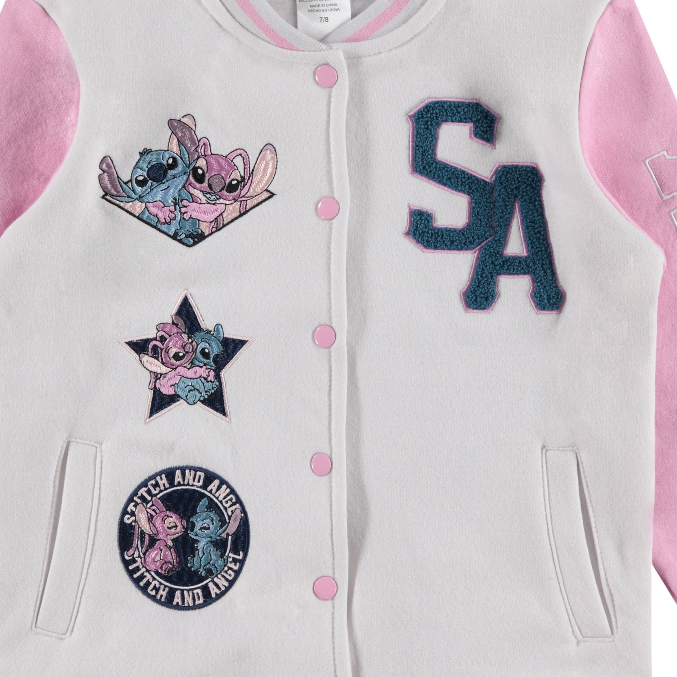 Lilo,Stitch and Angel Varsity Bomber Jacket - Little and Big Girl Sizes 4-16, Light Grey/Pink, 10-12
