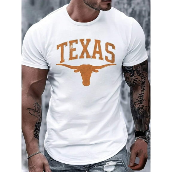 1pc Longhorn TEXAS 180g Pure100% Cotton Men's T-Shirt,Comfort Fit, Homme Street Life  Graphic Tee, Daily Wear,Summer Top,School, Streetwear, Casual, Fashionable
