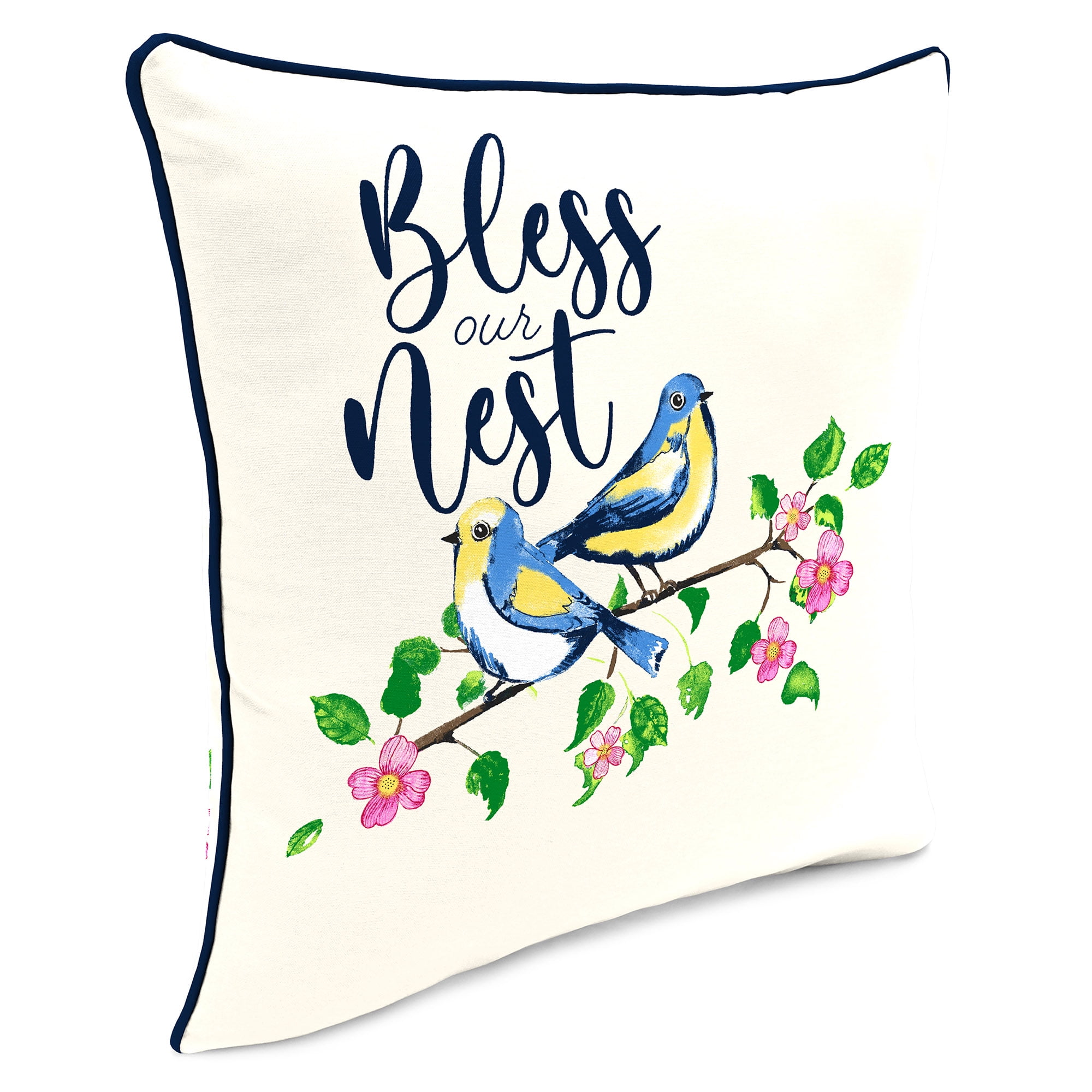 Jordan Manufacturing 16" x 16" Bless This Nest Cream Bird Reversible Square Outdoor Throw Pillow with Welt (2 Pack)