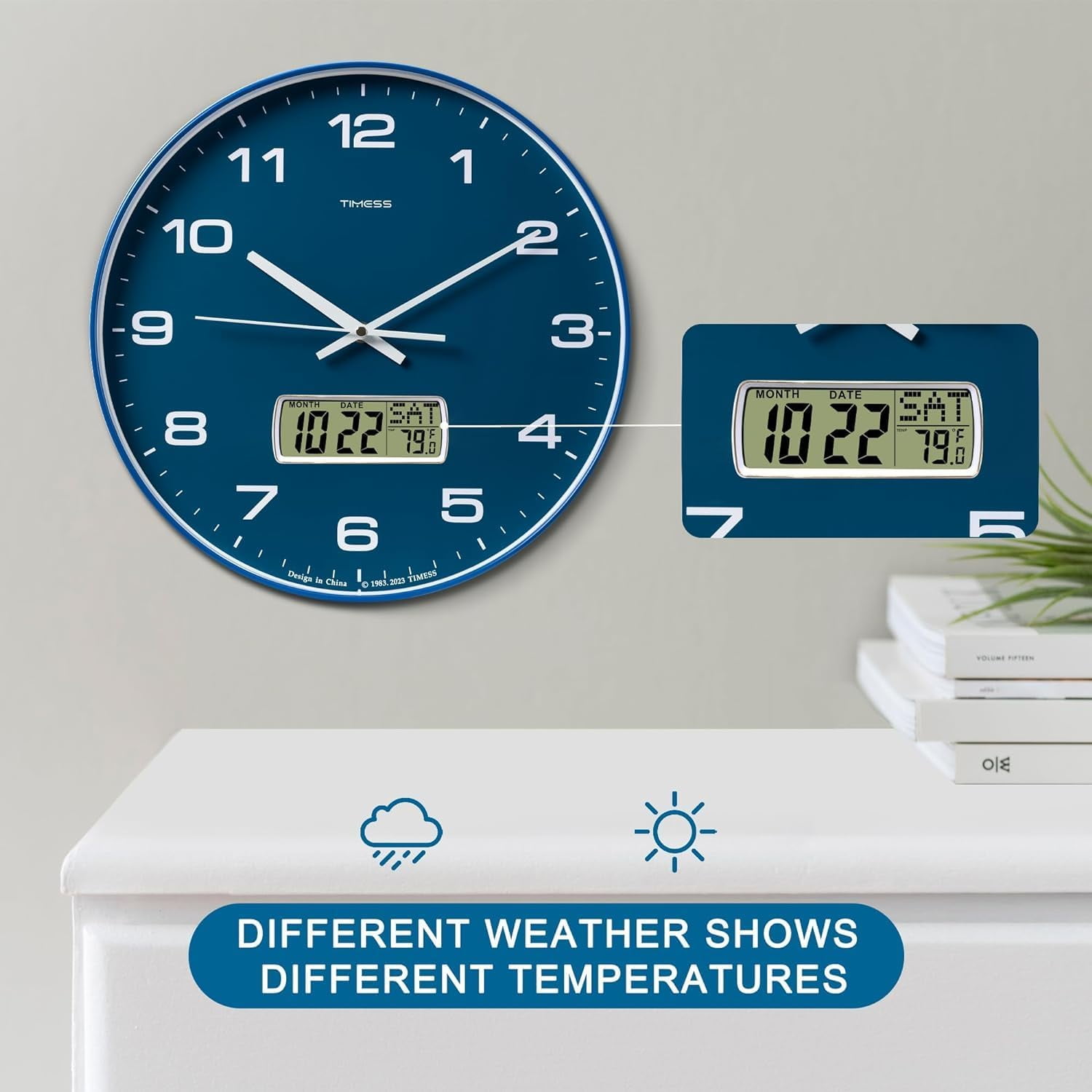 TIMESS 10" Analog Wall Clock with Date Display, Battery Operated Modern Clock for Living Room (Blue)