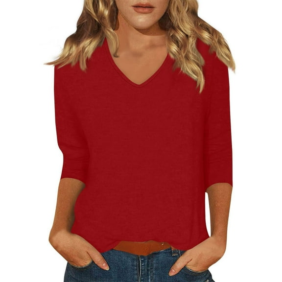DENGDENG Womens 3/4 Length Sleeve Tops Summer V-Neck T Shirts Dressy Casual Elbow Tunic Tops Petite Three Quarter Length Blouses Cute Fashion 2025 Clothes Red 3XL
