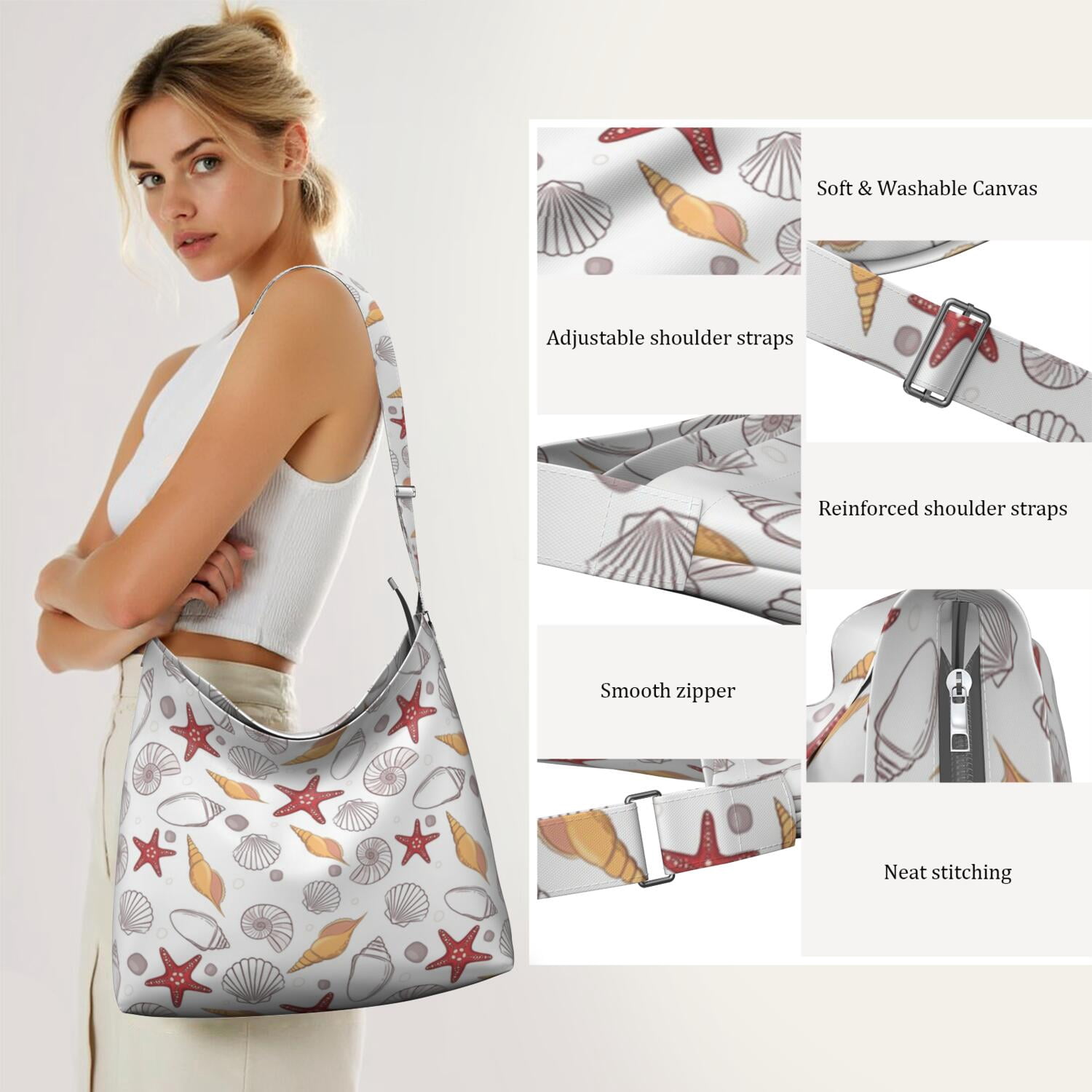Stylish Large Capacity Sling Tote Bag - Vintage Ocean Theme with Seahorse & Coral Design - Adjustable Strap
