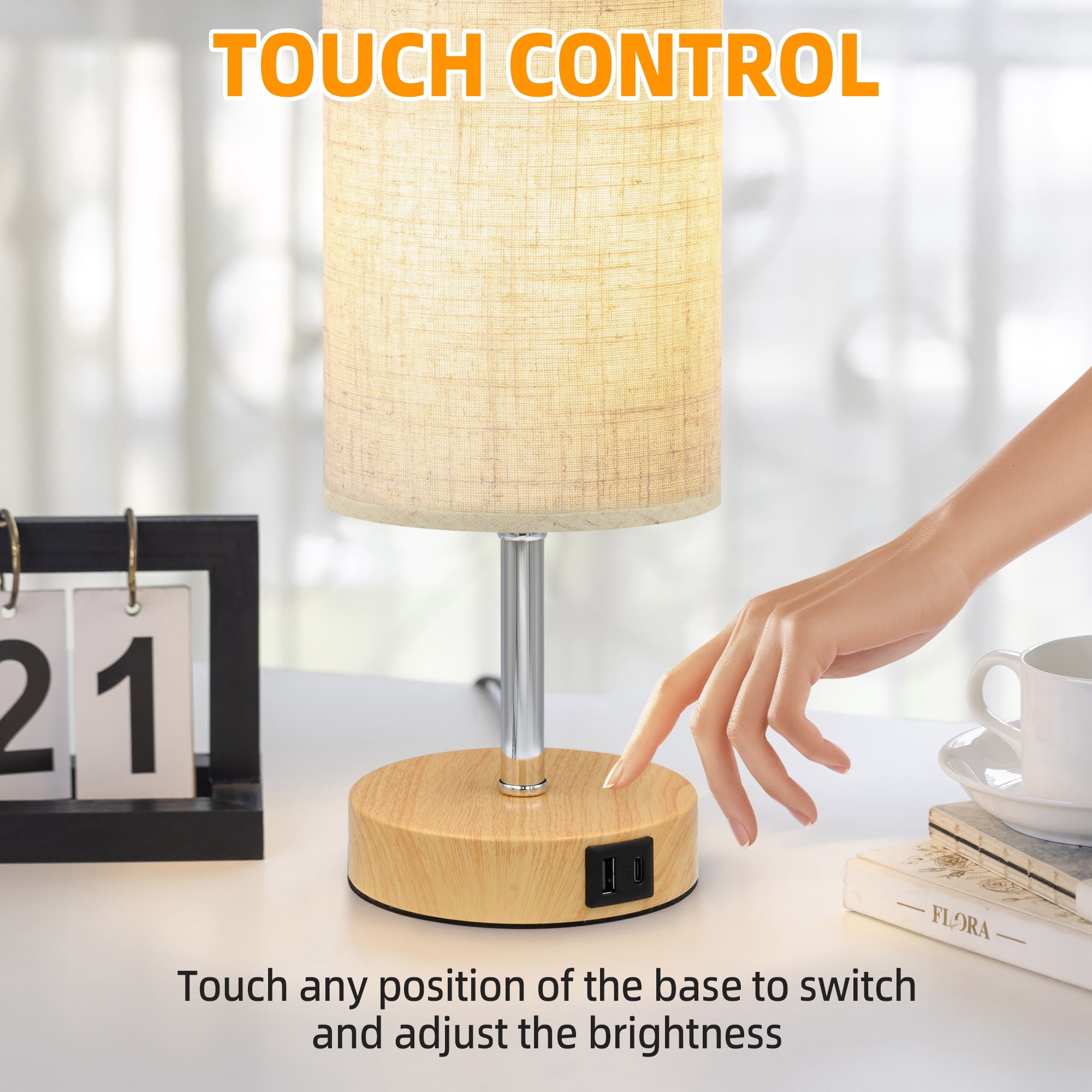 Sentryse 2Pcs Bedside Table Lamp for Bedroom, 3 Way Dimmable Touch Table Lamp with USB A&C, Round Linen Shade Small Desk Lamp, Nightstand Lamp for Bedroom, Dorms, Living Room, Office