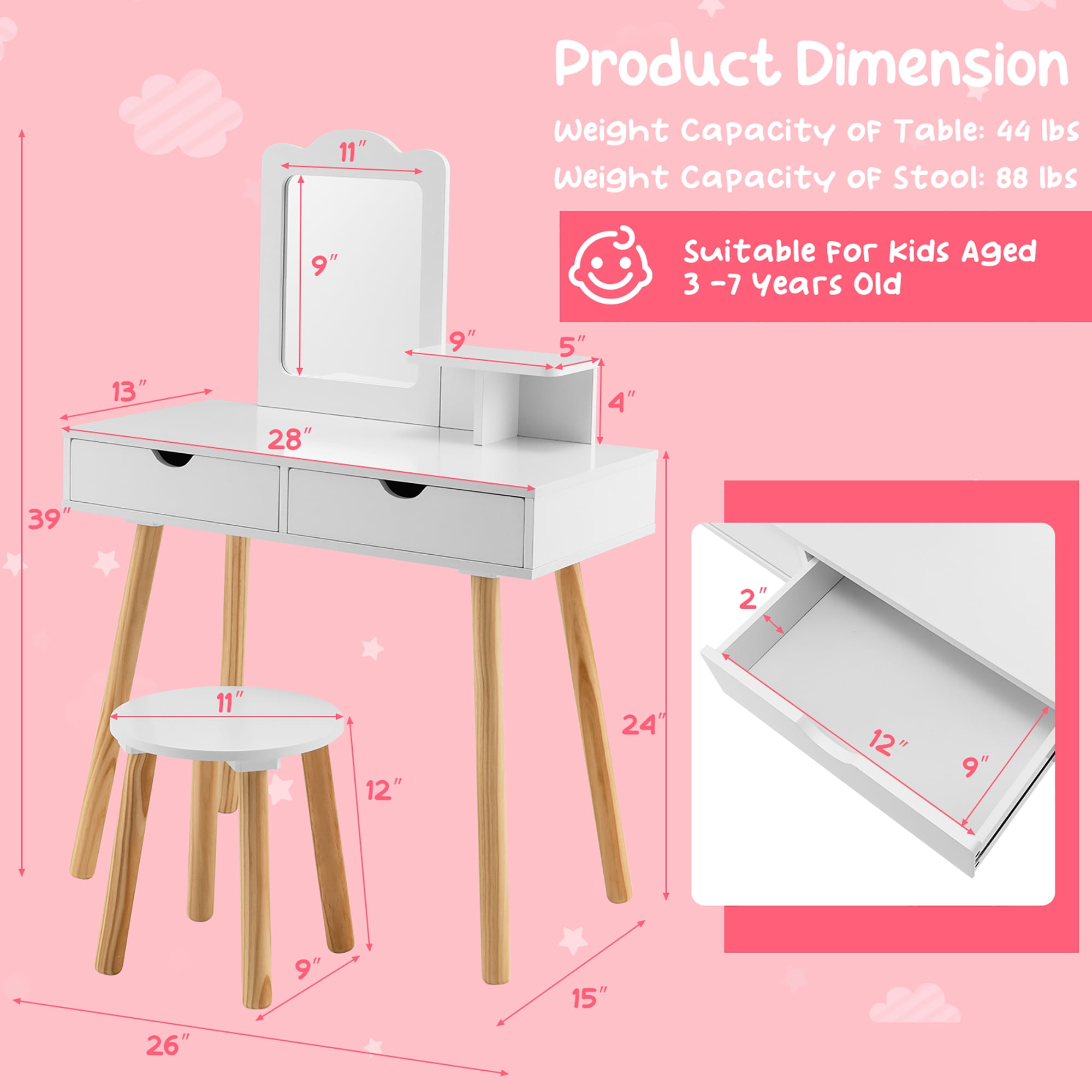 Costway Kid Vanity Table Chair Set with Mirror Large Storage Drawers Wooden Legs White