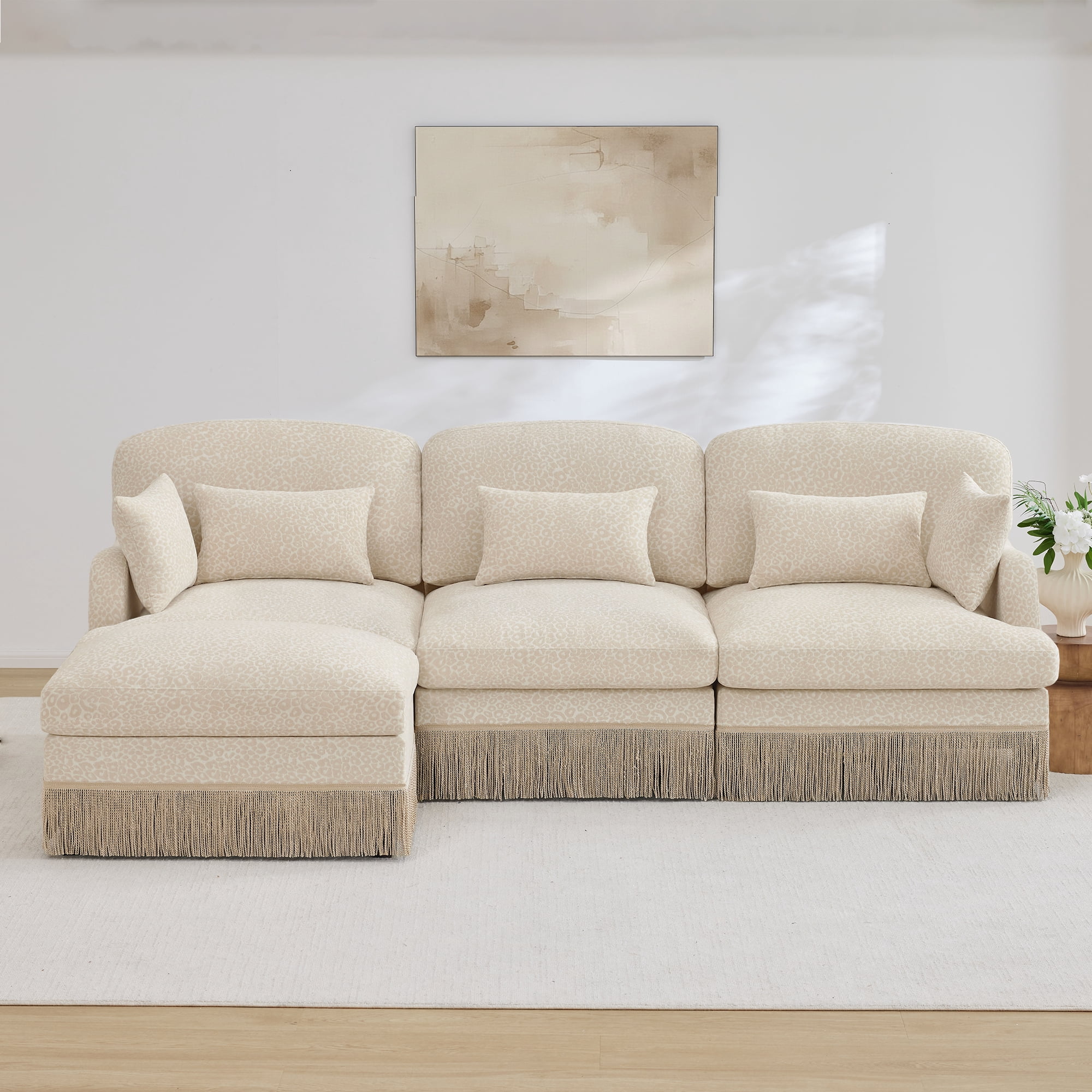 100" Chenille Leopard Tassel Deep Seat L Shape 3 Seater Modular Sofa Couch with 5 Throw Pillows and Ottoman