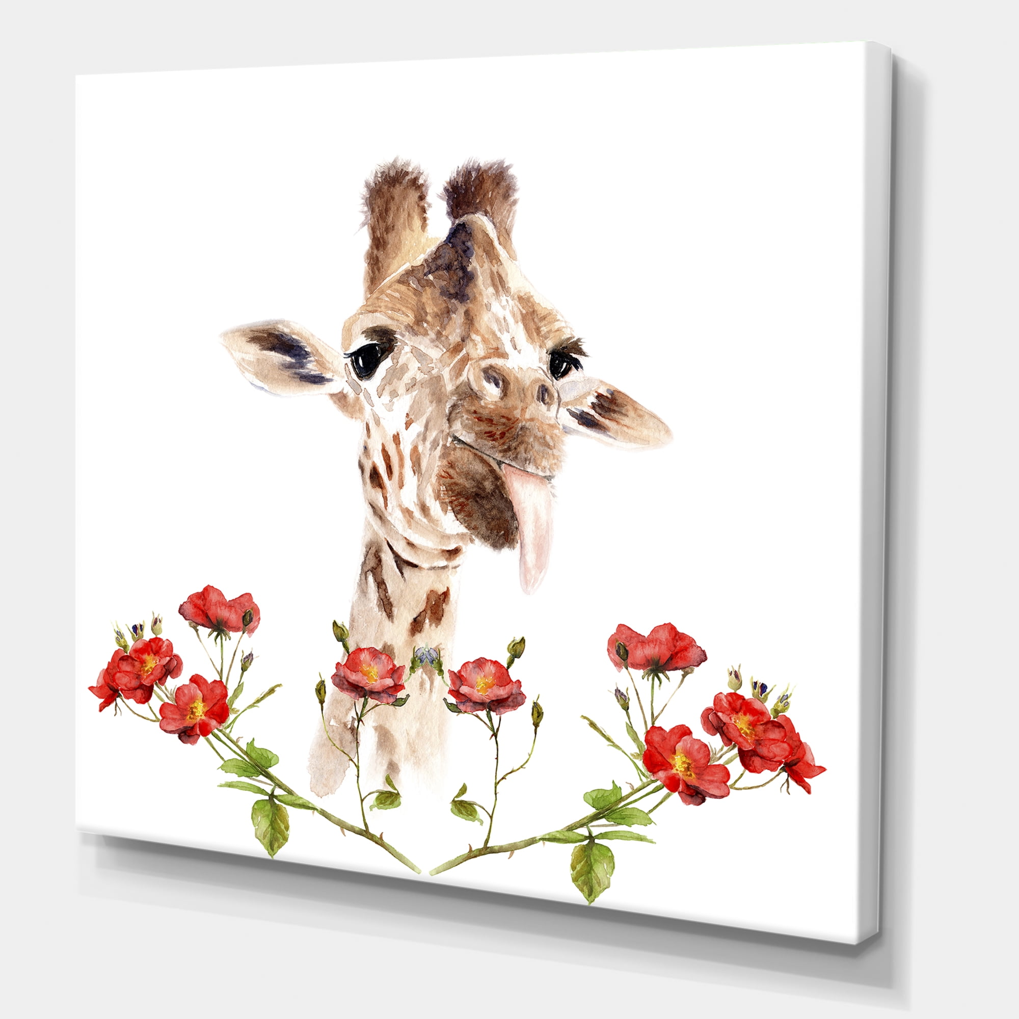Designart ' Portrait of A Giraffe With Red Flowers I ' Farmhouse Canvas Wall Art Print