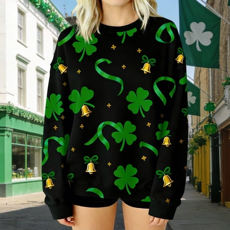 ClodeEU Womens Saint Patrick s Day Shamrock Print Sweatshirt Long Sleeve Crewneck Casual Pullover Top C-Black Womens Plus L
