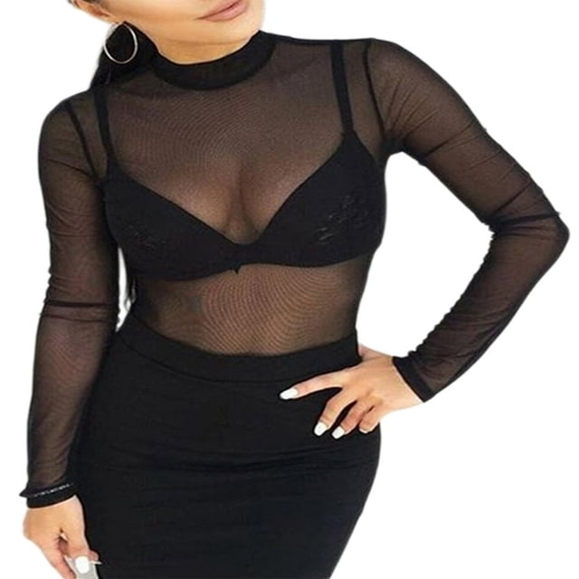 Chemises Transparentes pour Femmes Basiques à Manches Longues Hauts en Maille Transparente Col Roulé Blouse Crop Top