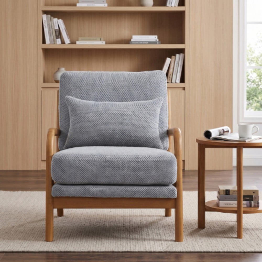 Wooden Lounge Chair, Modern Upholstered Accent Chair with Solid Wood Armrests, High-Density Foam Cushion, Reclined Backrest for Living Room, Bedroom & Office, Light Gray