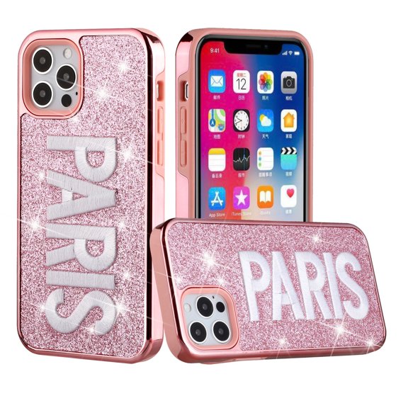 For Iphone 13 6.1 Embroidery Bling Glitter Chrome Hybrid Case Cover - Paris On Pink