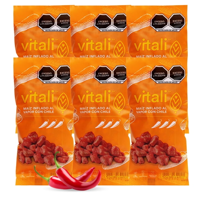 VITALI | Snacks Saludables - Caja Maíz Inflado al Vapor con Chile x6 Unidades | 50gr por unidad | Botanas Horneadas Saludables Maiz Sabor chile y crujientes | Sin Gluten | Producto Vegano y