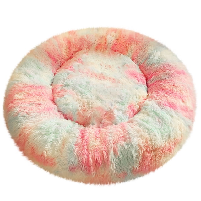 Matoen12 Rainbow Gradient Fluffy Dog Cat Bed for Autumn Winter, Thick Plush Polyester Soft Kennel Cushion Sleeping Pad for Small Cats Dogs, Modern Home Decor, Round, 1 Pack, 20"x20", Multicolor