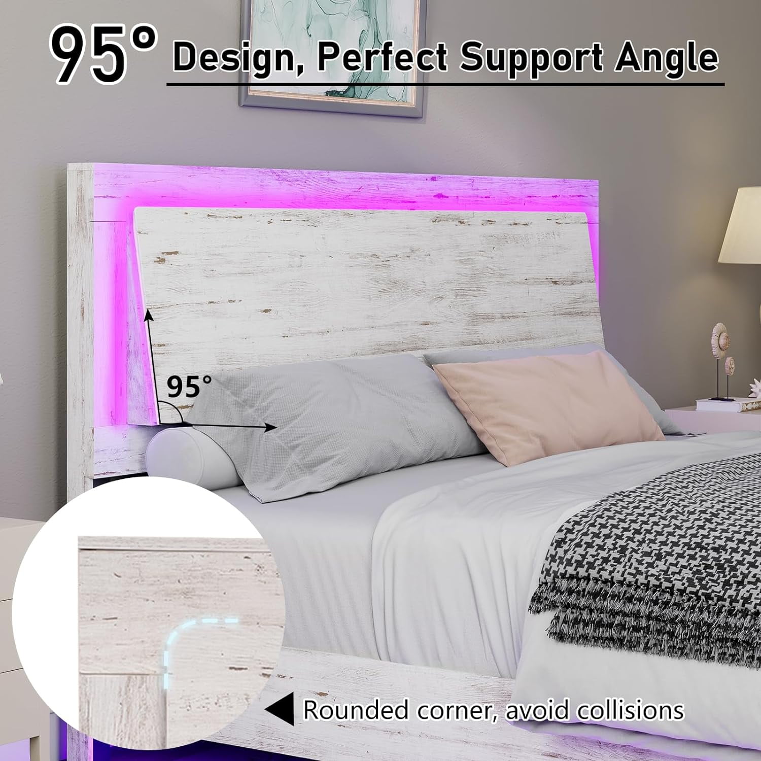 VanAcc Full Size Wood Floating Bed Frame with Headboard & LED Light, Wooden Platform Bed Frame with Slats Support, Easy Assembly, White Birch