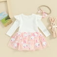thumbnail image 3 of Bagilaanoe Newborn Easter Outfits Baby Girl Rompers Dress Print Long Sleeve Bodysuits + Headband 3M 6M 12M 18M 24M Infant Patchwork A-line Dresses, 3 of 7