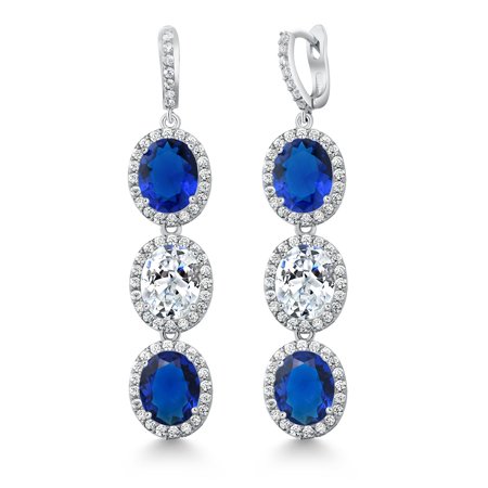 Gem Stone King 3-Stone Oval Simulated Blue Sapphire and White Zirconia 2 inch Dangle Earrings for Women