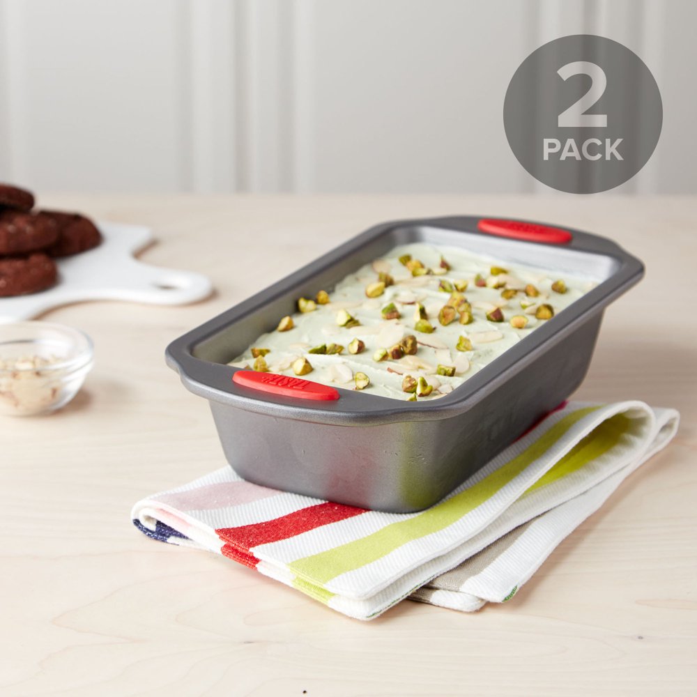 Tasty 9" x 5" NonStick Loaf Pan with Red Silicone Handles, Set of 2