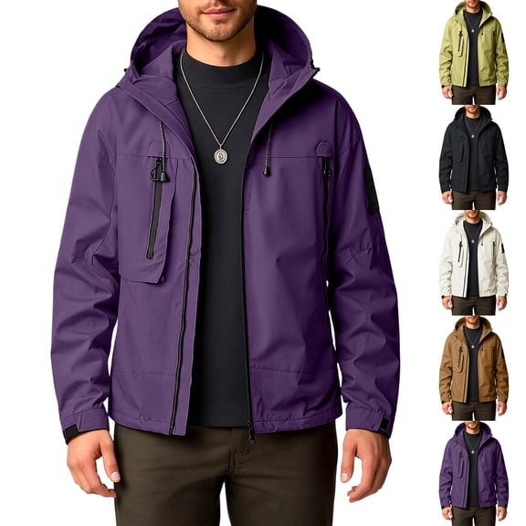 zejinsd Outdoor Jackets for Men Autumn Winter Heavy Windbreaker Coat Stand Collar Hooded Outerwear Solid Color Loose Zipper Cargo Jackets