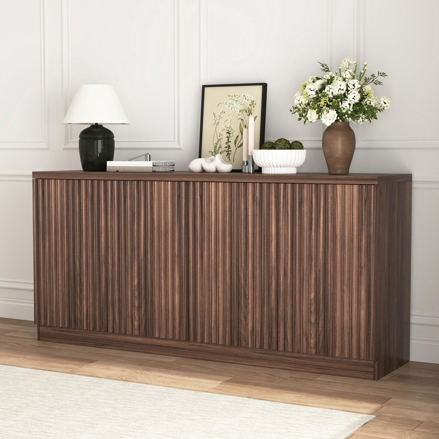 62.6" Buffet Cabinet with Storage, 4 Door Sideboard Cabinet with Shelves, Wooden Coffee Bar Cabinet Credenza Console Table for Kitchen Dining Room Living Room, Walnut
