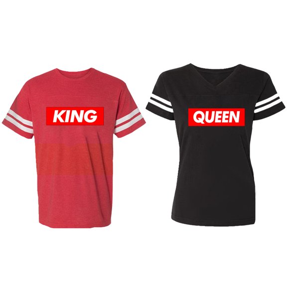 King Queen Hip Hop Matching Couple Cotton Jerseys (Men Red / Women Black) (Men S / Women S)