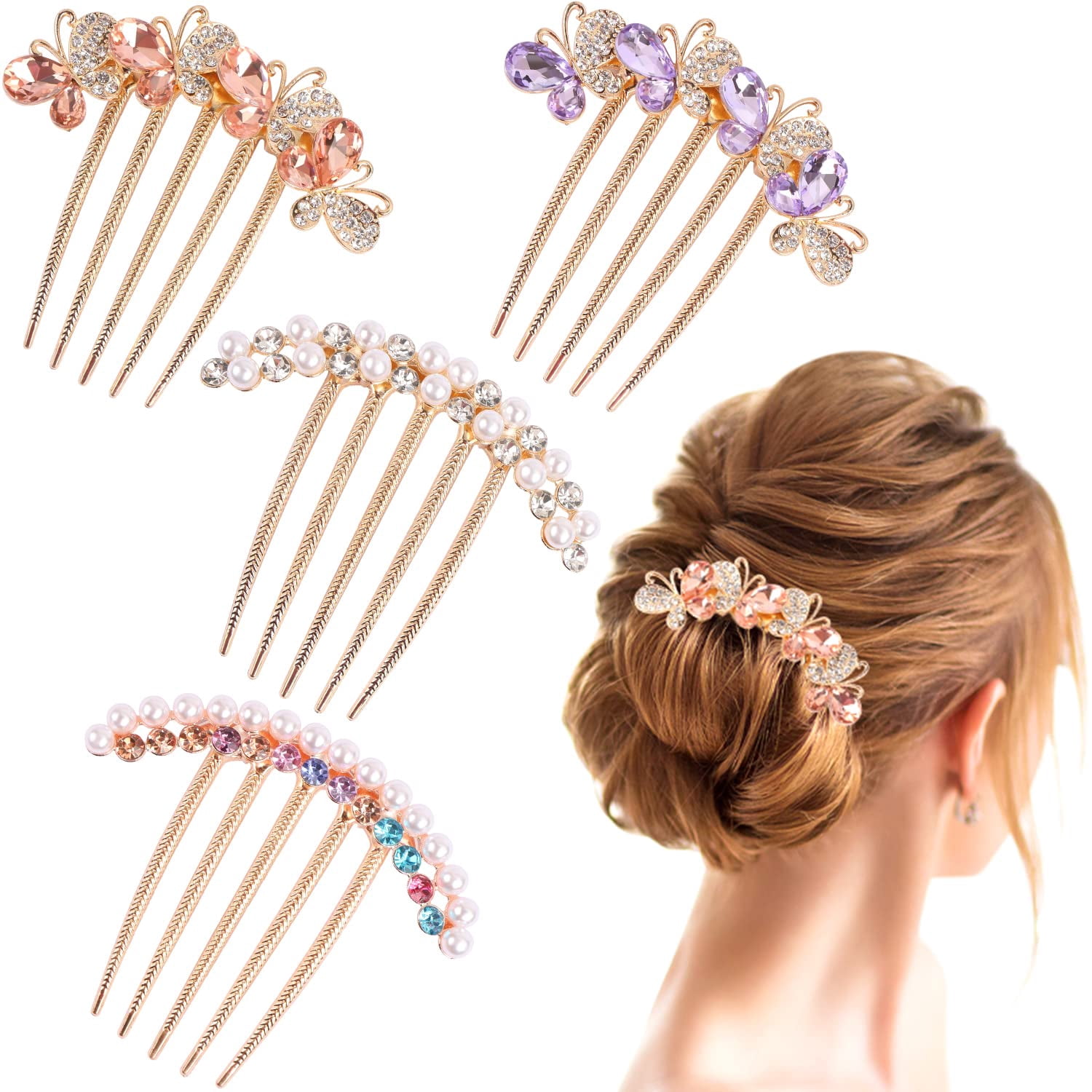 4 Pcs Elegant Pearl & Rhinestone Hair Combs for Women 