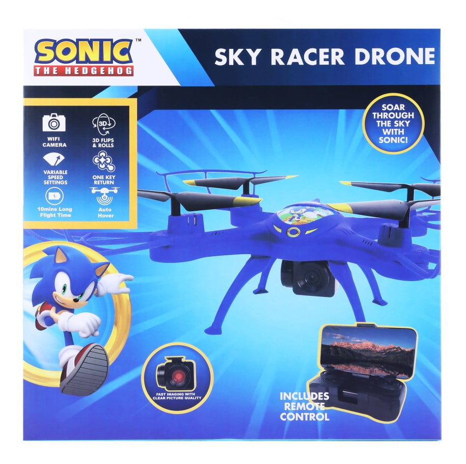 Sonic The Hedgehog Sky Racer Drone - Wi-Fi Camera, Kid's Toy Drone with 10 Min Flight, Auto Hover, and Remote Controller Included