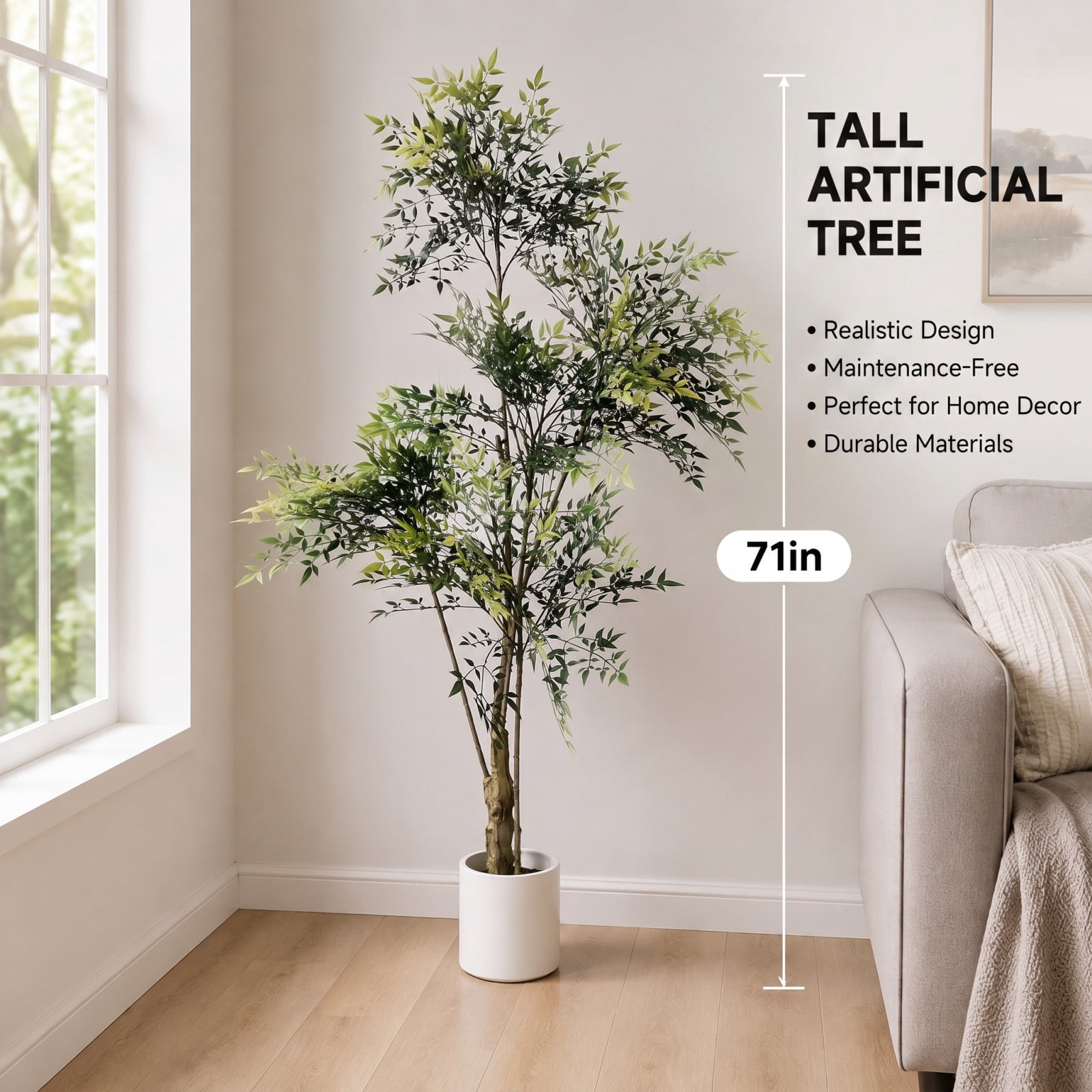 BEAUTYPEAK 5.9FT Artificial Plant Fake Indoor Green Nandina Plant Decorative Outdoor Greenery in White Pot