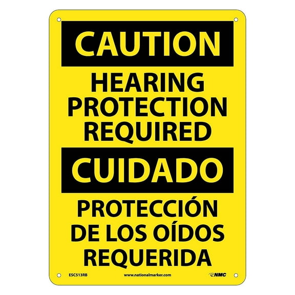 National Marker Caution Signs; Hearing Protection Required Bilingual 14X10 Rigid Plastic ESC513RB