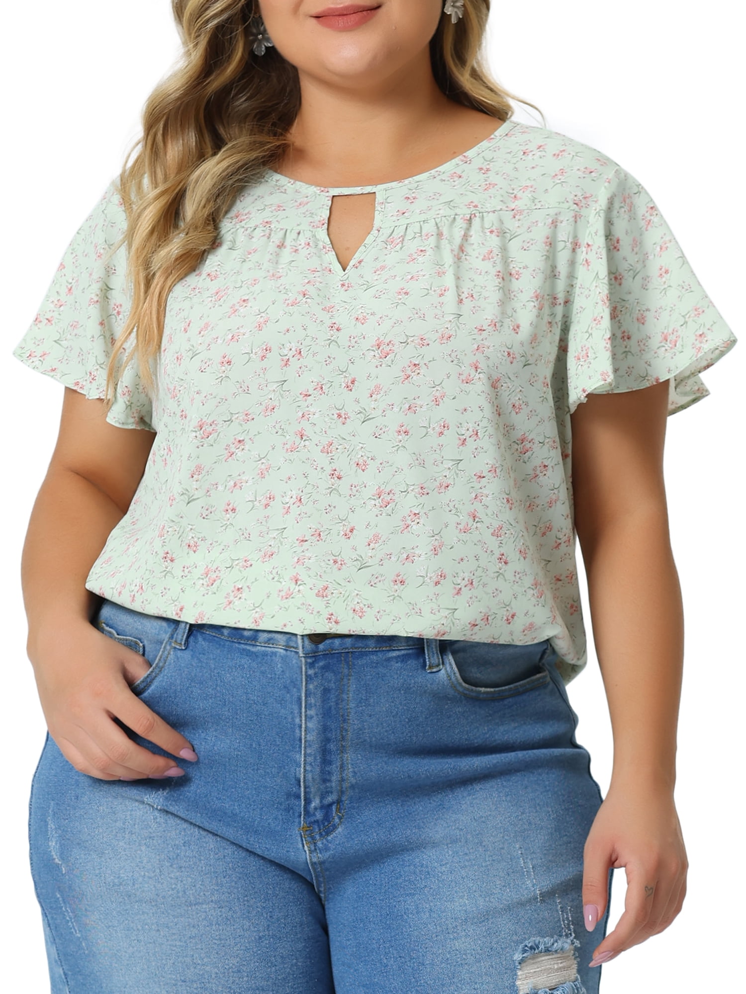 DARING DIVA Women's Plus Ruffle Short Sleeve Keyhole Chiffon Blouse L Light Green