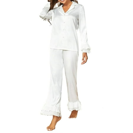 

Plain Button Front Pant Sets Lapel Sleeve Long Sleeve Women s Pajama Sets(8/10)