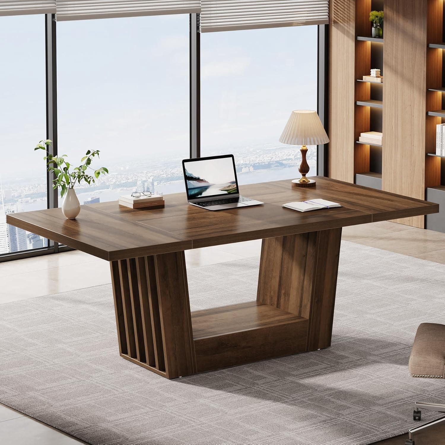 Tribesigns 63" Executive Office Desk, Modern Walnut Brown Home Office Computer Desk with Robust Base