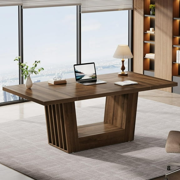 Finmind 63" Executive Desk, Modern Computer Desk with Robust Base for Home Office, Walnut Brown