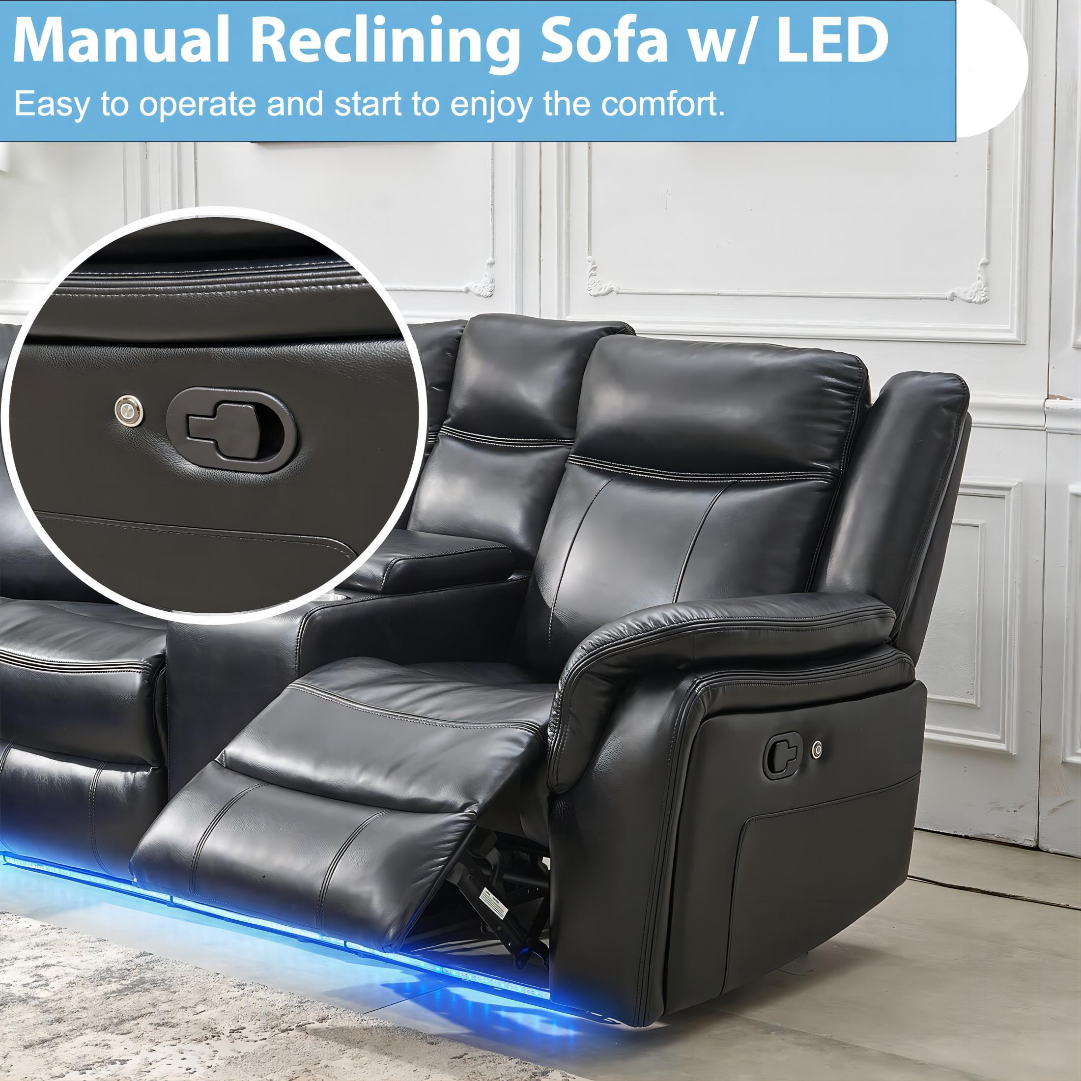 Comfort Stretch Manual Recliner Sofa Sets with LED Lights,Faux Leather Reclining Sectional Couch for Living Room Furniture Sets with USB Port,Storage Console Cup Holders Black