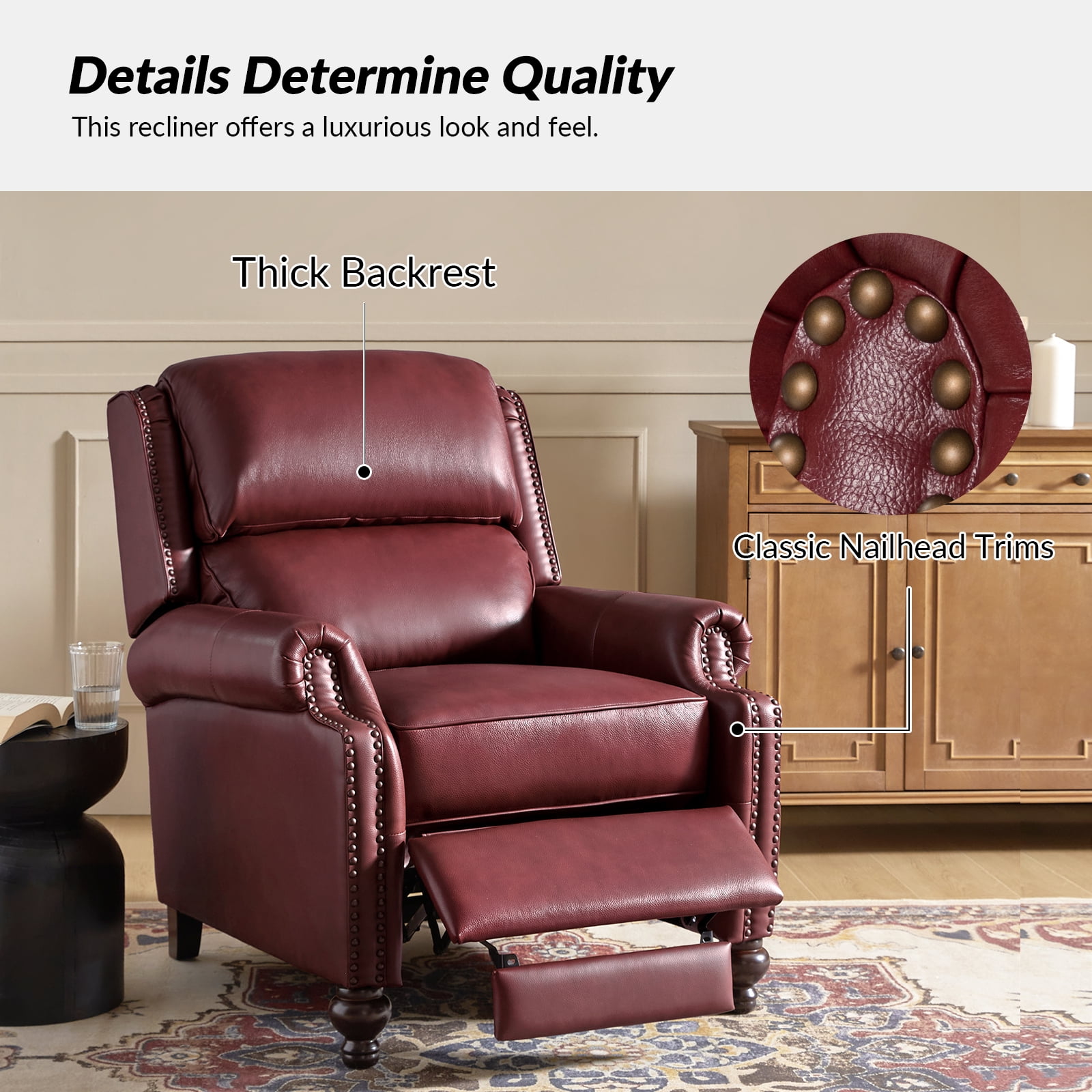 Mid-century Genuine Leather Pushback Recliner Chair with Nailhead Trim Set of 2 Burgundy