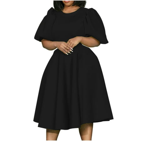 QUYUON Casual Dresses Clearance Round Neck Dress Party Dresses Women Long Sleeve Midi Boho Dress Style D-13991 Black S