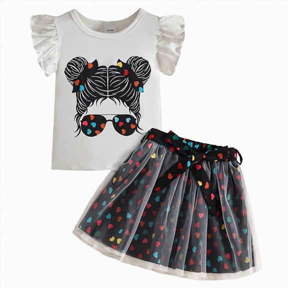 Sgkm Outfit for Toddler Girls Ruffle Sleeve T Shirt Tutu Skirt Summer Birthday Party Kids Two Piece Girls Skirt Set Black 9-12 Months