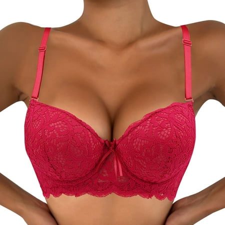 Quealent Womens Bras Comfortable Plus Size Women s Lace Bra Underwire Balconette Unlined Demi Sheer Plus Size (Red 85B)