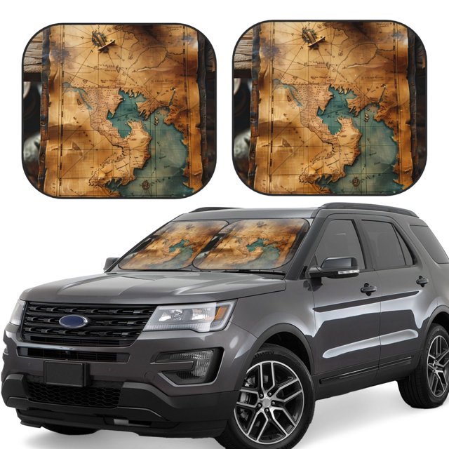 Wukai Antique Map Adventure Scene Car Front Windshield Sun Shade,Sun Visor Shield Block Automotive Interior Protector Blocks UV Rays-Medium