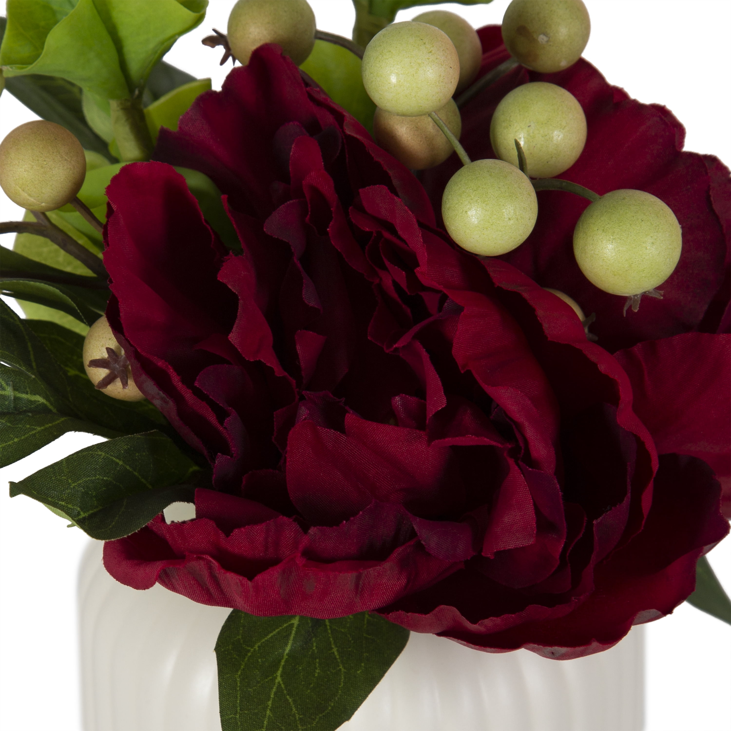 Better Homes & Gardens 7.5" Artificial Red Peony Flowers in Ribbed off-White Ceramic Vase