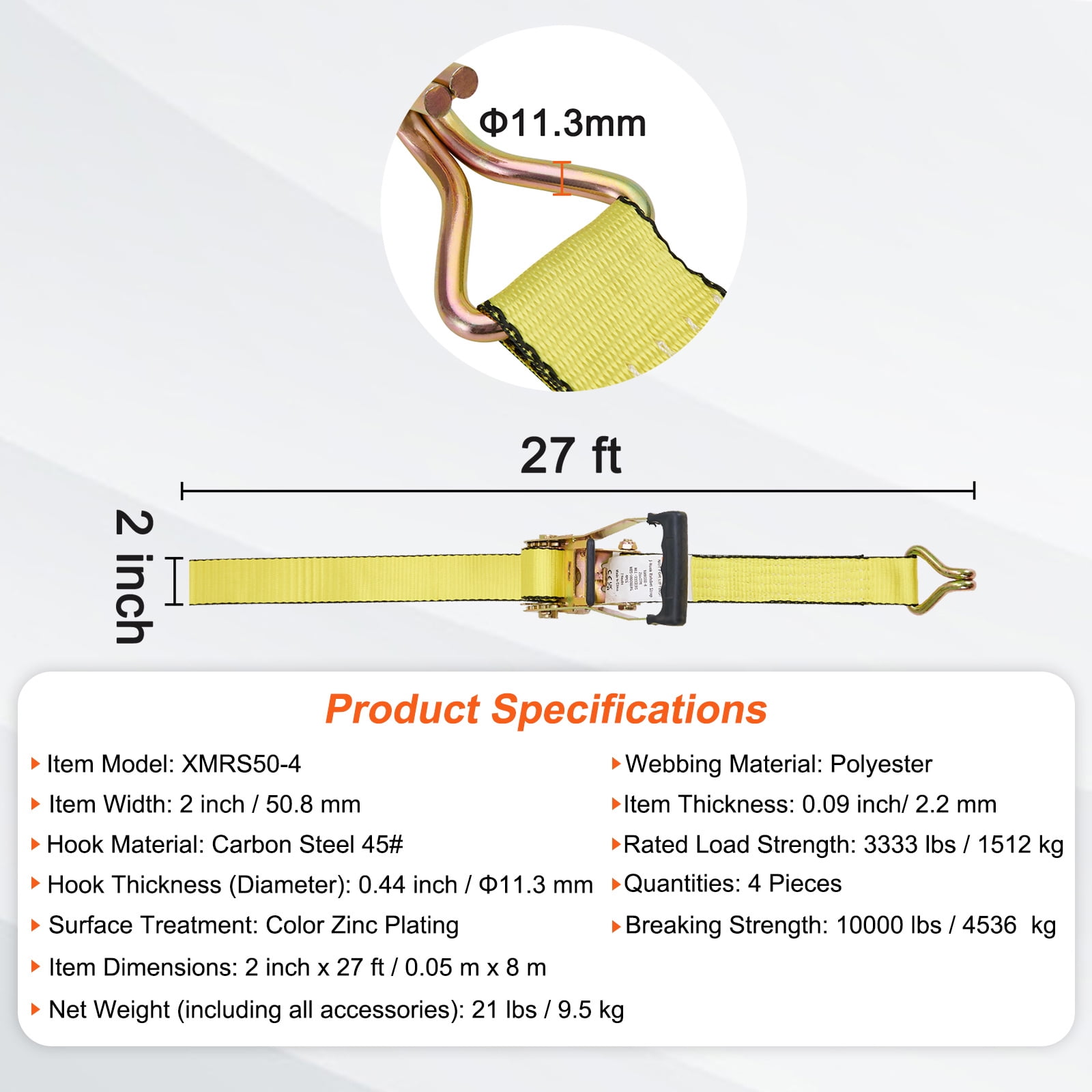 VEVOR 4 Pack Ratchet Tie Down Straps 10000 lbs 2" x 27' Heavy Duty Double J Hook
