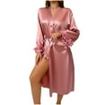 thumbnail image 5 of Elvqul with Belt Robes for Women Lace Bathrobe Silk Casual Solid Color V-Neck Cozy Womens House Coat Pink, 5 of 7