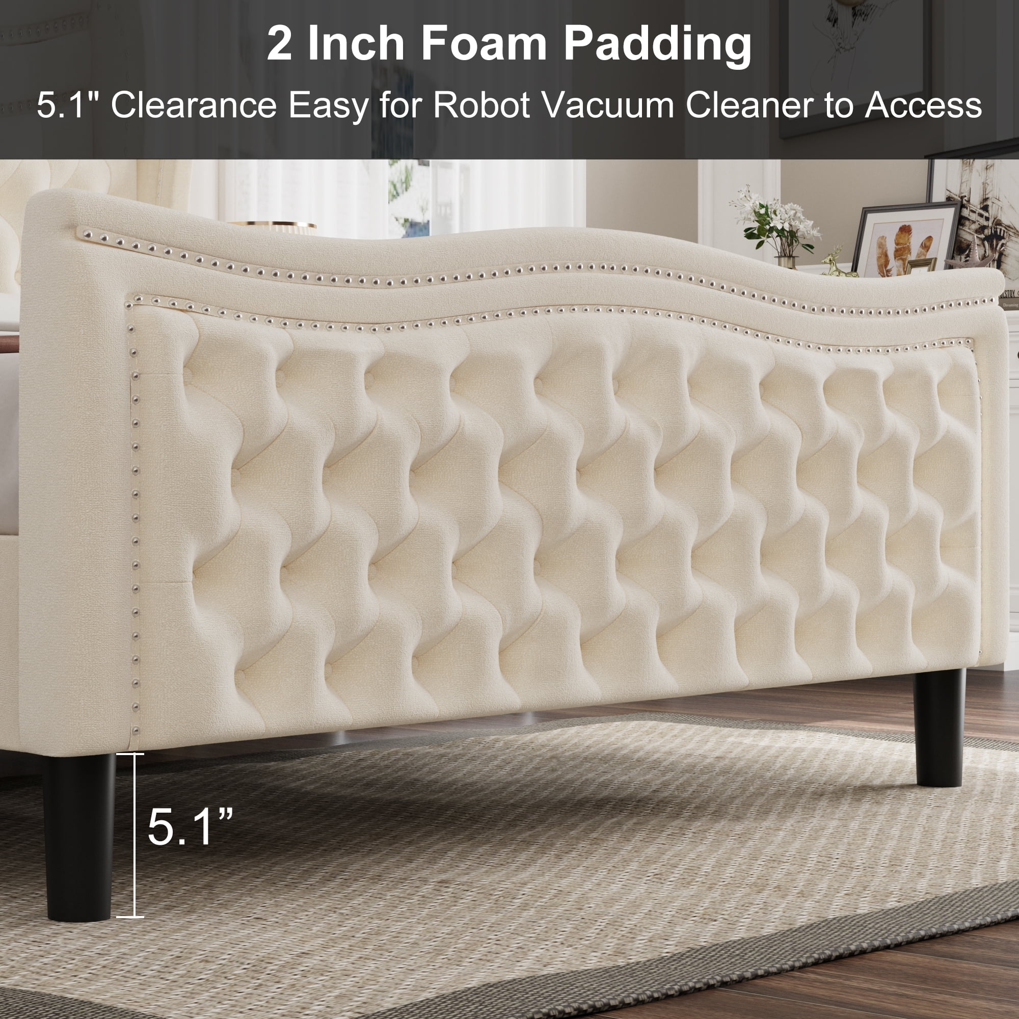 Miniyam Velvet Full Size Bed with Button-Tufted Wingback Headboard for Adult, Beige
