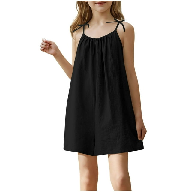 Lenpel Combinaisons d'Été pour Filles Décontractées Sans Manches Col Rond Bretelles Spaghetti Combinaisons Courtes Amples 4-15 Ans