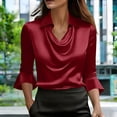 thumbnail image 2 of Lumtrix Womens Elegant Cowl Neck Satin Blouses Business Casual 3/4 Bell Sleeve Shirts Ruched Dressy Tops Work Office Clothes Wine XL, 2 of 6