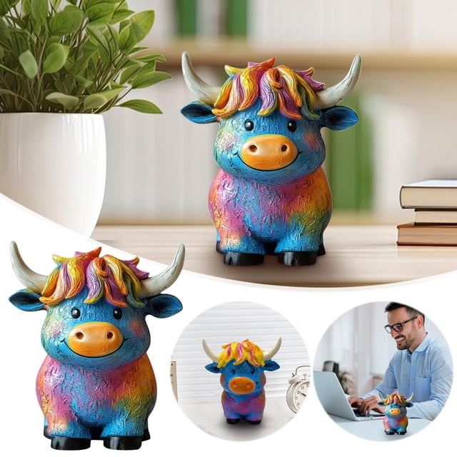 Figura de Vaca de las Tierras Altas Decorativa de Resina | Adorno de animal colorido hecho a mano | Decoración única y caprichosa para oficina en casa | Escultura de resina coleccionable con