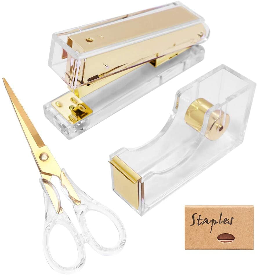 1Inch Core Clear Acrylic Gold Tape Dispenser Stapler Scissors Set with