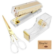 1-Inch Core Clear Acrylic Gold Tape Dispenser Stapler Scissors Set with Tape 24/6 Rose Gold Staples, Acrylic Scissors