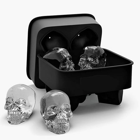 

3D Skull Shape Shapes Black BPA Free Silicone Ice Cube Mold Tray with Lid Makes 4Vivid Skulls Perfect for Whiskey Cocktail and Any Drink
