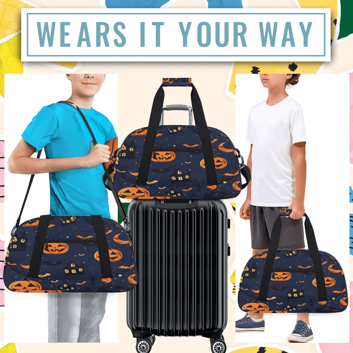 Herdesigns Sports Duffle Bags Travel Duffle Bag Gym Bag Halloween Pumpkin Bat Weekender Travel Bag Waterproof Overnight Bag Carry On Travel Tote Bag Dance Bags