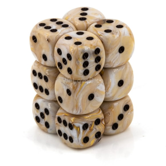 Juego de dados Chessex Marble Ivory con negro 16 mm d6 (12)