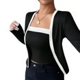 thumbnail image 3 of Women'S Contrast Colorblock Cardigan Vest Two-Piece Set Long Sleeve Cropped Cardigan Striped Shawl Black S, 3 of 8